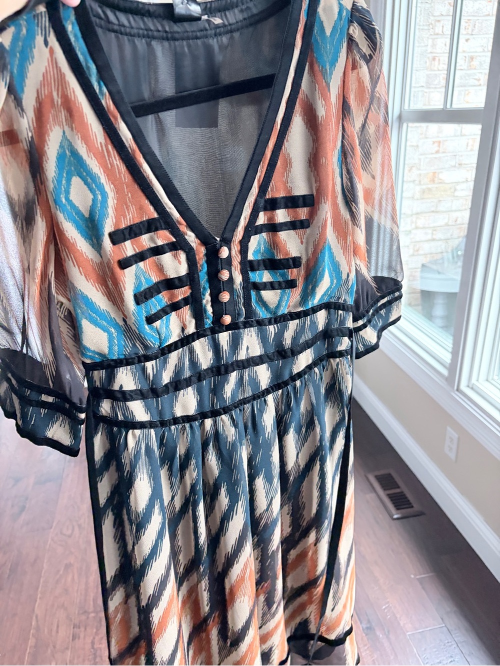 Boho Ikat Print V-Neck Women's Dress in Teal and Coral